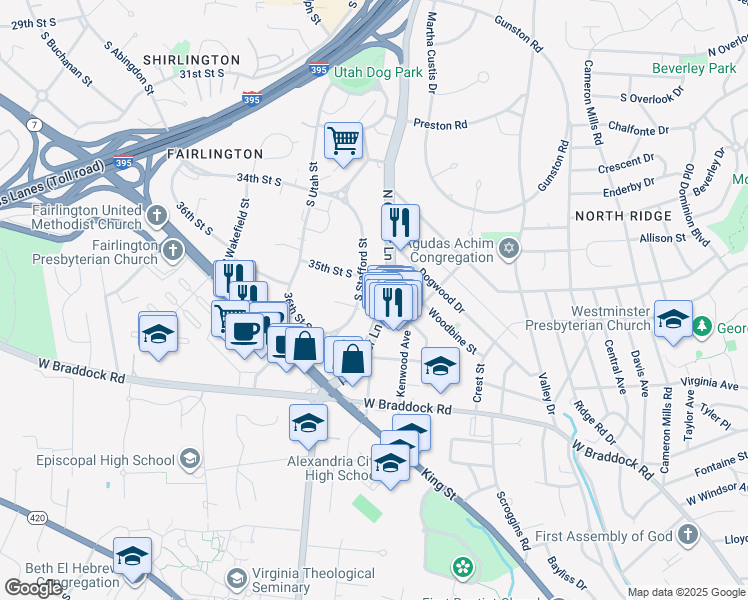 map of restaurants, bars, coffee shops, grocery stores, and more near 3523 South Stafford Street in Arlington