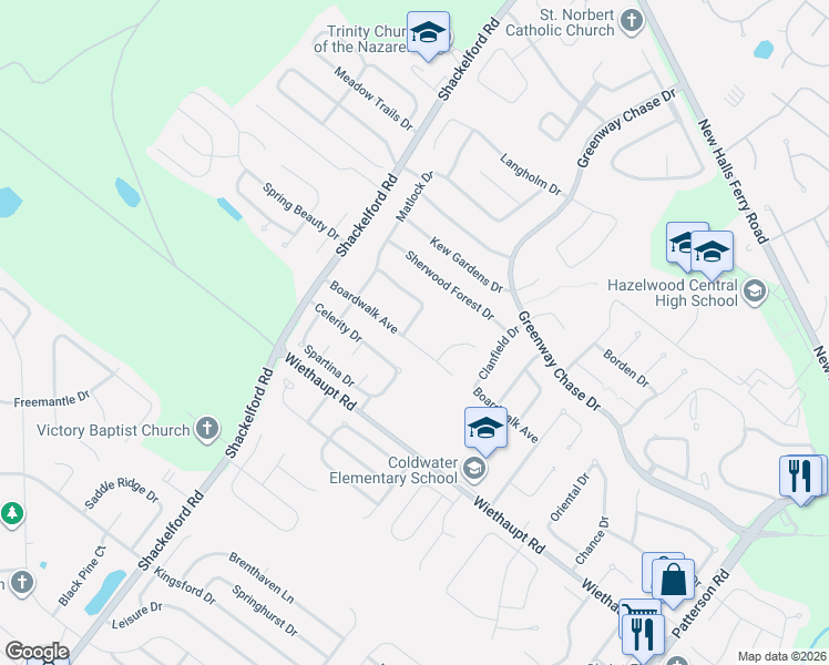 map of restaurants, bars, coffee shops, grocery stores, and more near 1609 Boardwalk Avenue in Florissant