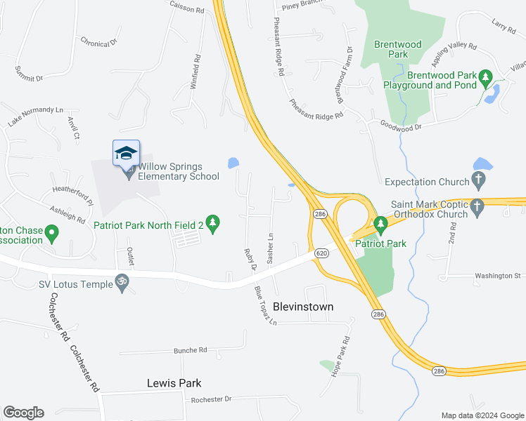 map of restaurants, bars, coffee shops, grocery stores, and more near 12300 Anderson Avenue in Fairfax