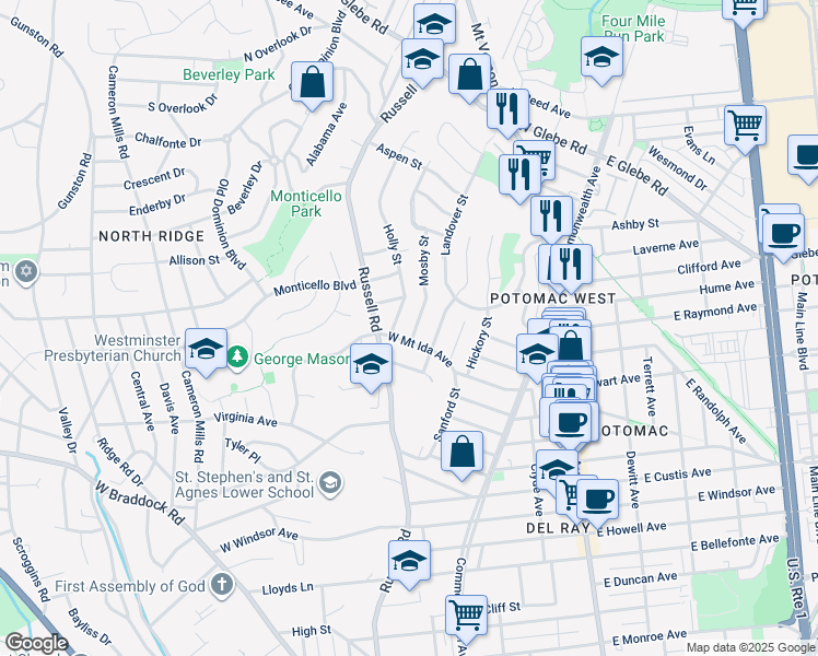map of restaurants, bars, coffee shops, grocery stores, and more near 2704 Mosby Street in Alexandria