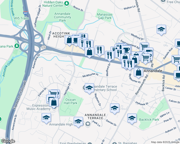 map of restaurants, bars, coffee shops, grocery stores, and more near 7600 McWhorter Place in Annandale