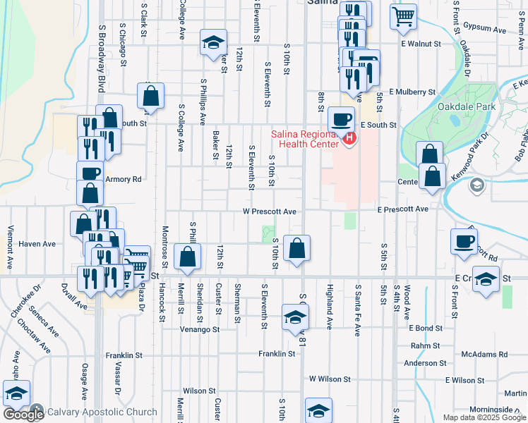map of restaurants, bars, coffee shops, grocery stores, and more near 8429 West Farrelly Road in Salina