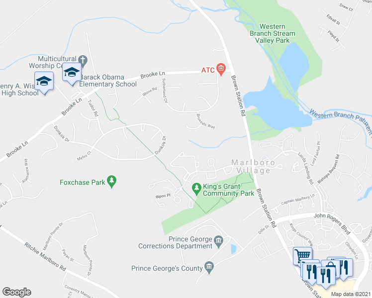 map of restaurants, bars, coffee shops, grocery stores, and more near 4311 Swindon Terrace in Upper Marlboro