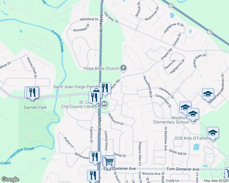 map of restaurants, bars, coffee shops, grocery stores, and more near 213 Deer Hollow Court in O'Fallon