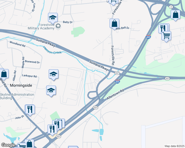map of restaurants, bars, coffee shops, grocery stores, and more near 4437 Rena Road in Hillcrest Heights