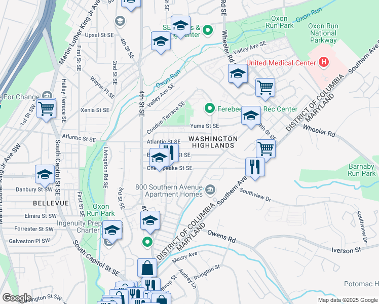 map of restaurants, bars, coffee shops, grocery stores, and more near 668 Brandywine Street Southeast in Washington