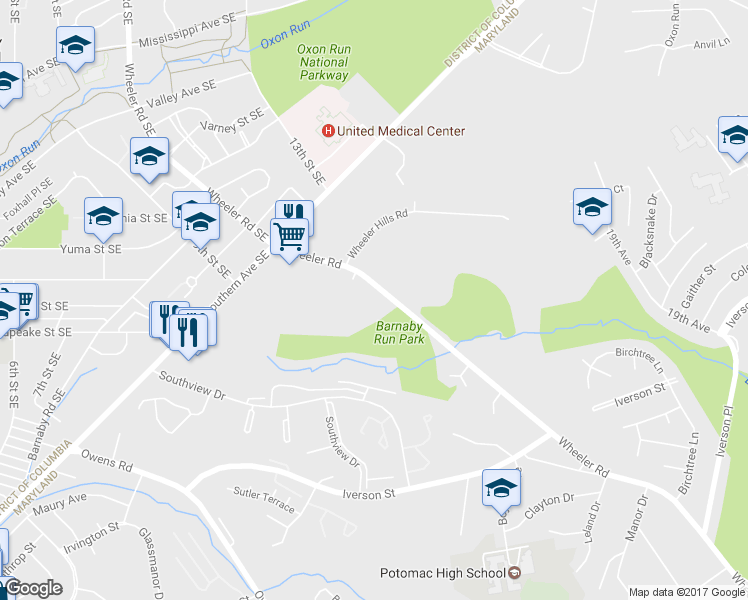 map of restaurants, bars, coffee shops, grocery stores, and more near 4545 Wheeler Road in Oxon Hill-Glassmanor