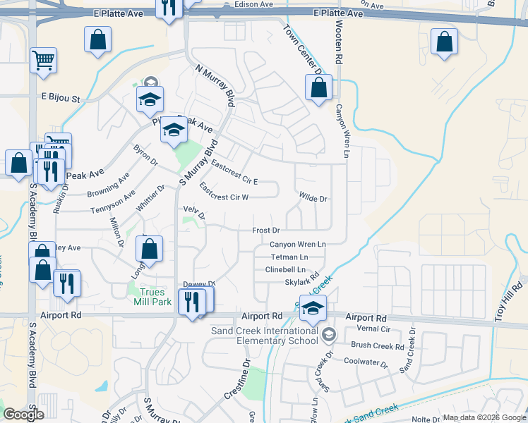 map of restaurants, bars, coffee shops, grocery stores, and more near 4601 Eastcrest Circle West in Colorado Springs