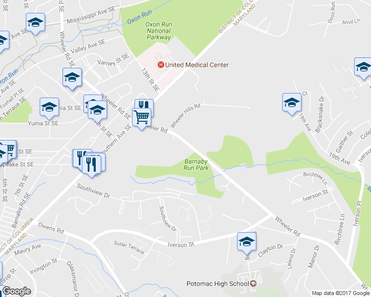 map of restaurants, bars, coffee shops, grocery stores, and more near 4545 Wheeler Road in Oxon Hill-Glassmanor