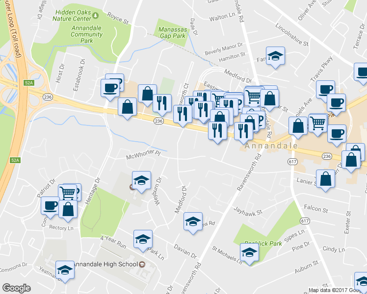 map of restaurants, bars, coffee shops, grocery stores, and more near 7499 Little River Turnpike in Annandale