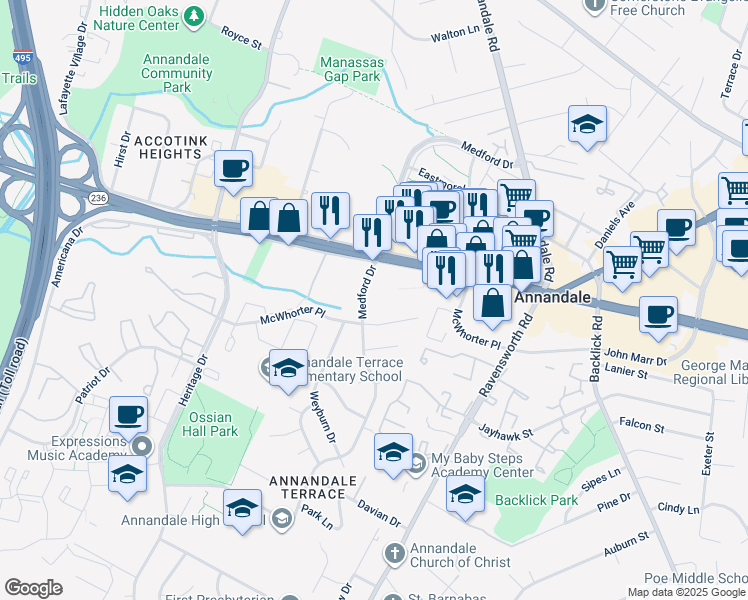 map of restaurants, bars, coffee shops, grocery stores, and more near 7499 Little River Turnpike in Annandale