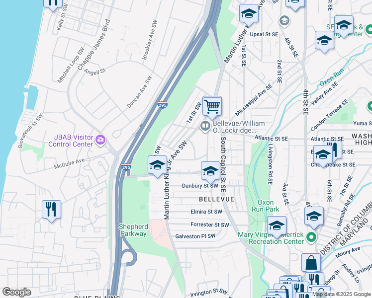 map of restaurants, bars, coffee shops, grocery stores, and more near 4036 Martin Luther King Junior Avenue Southwest in Washington