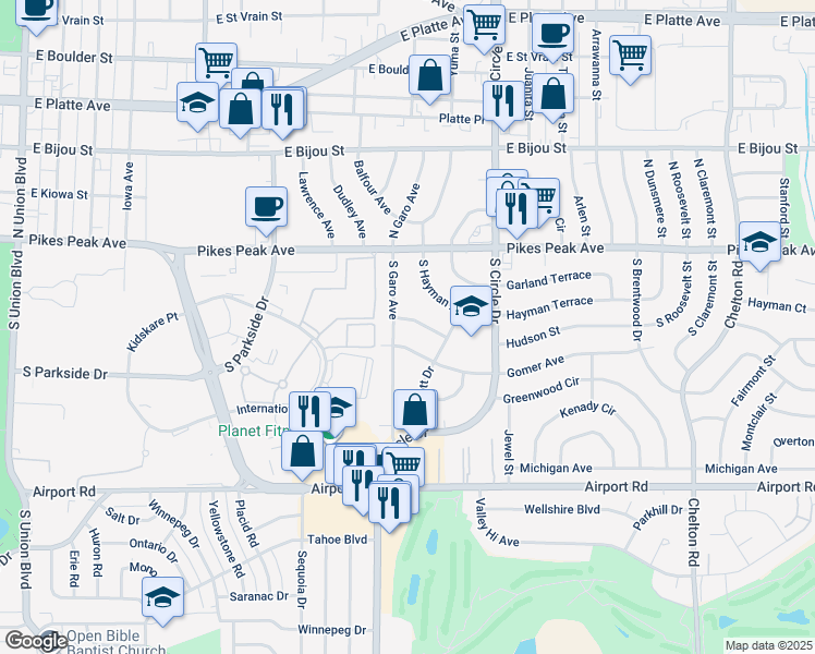 map of restaurants, bars, coffee shops, grocery stores, and more near 2607 Weir Avenue in Colorado Springs