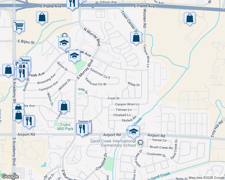 map of restaurants, bars, coffee shops, grocery stores, and more near 4601 Eastcrest Circle West in Colorado Springs