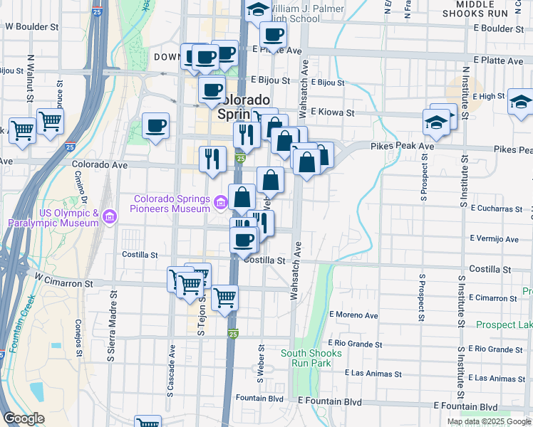 map of restaurants, bars, coffee shops, grocery stores, and more near 230 South Weber Street in Colorado Springs