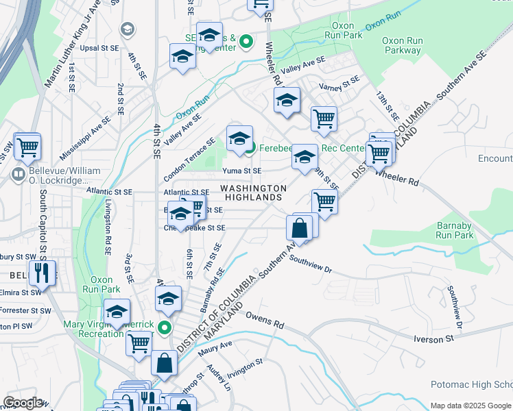 map of restaurants, bars, coffee shops, grocery stores, and more near 742 Brandywine Street Southeast in Washington