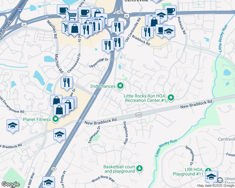 map of restaurants, bars, coffee shops, grocery stores, and more near 14007 Tanners House Way in Centreville