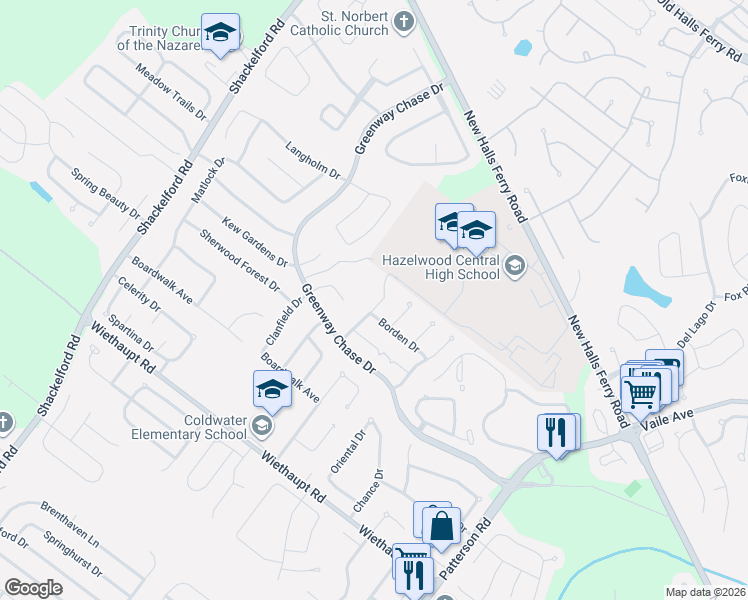 map of restaurants, bars, coffee shops, grocery stores, and more near 3215 Chicory Creek Lane in Florissant