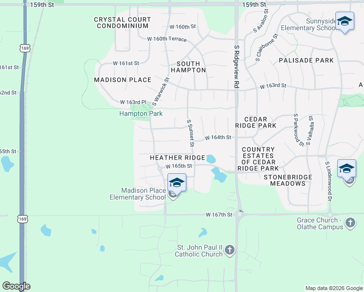 map of restaurants, bars, coffee shops, grocery stores, and more near 16406 South Sunset Street in Olathe