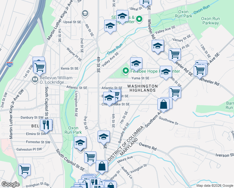 map of restaurants, bars, coffee shops, grocery stores, and more near 612 Brandywine Street Southeast in Washington