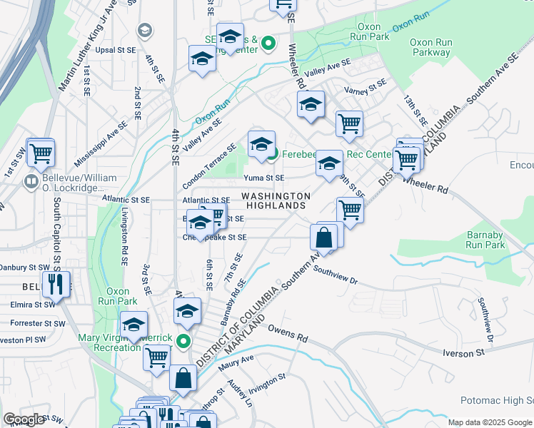map of restaurants, bars, coffee shops, grocery stores, and more near 724 Brandywine Street Southeast in Washington
