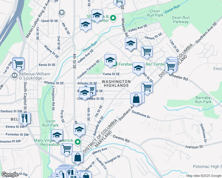 map of restaurants, bars, coffee shops, grocery stores, and more near 718 Brandywine Street Southeast in Washington