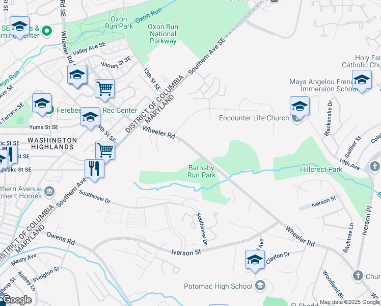 map of restaurants, bars, coffee shops, grocery stores, and more near 4545 Wheeler Road in Oxon Hill