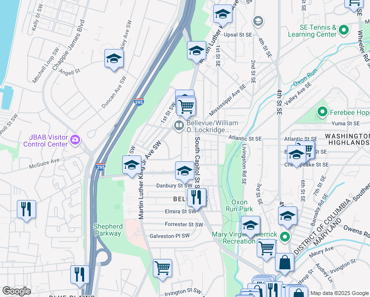 map of restaurants, bars, coffee shops, grocery stores, and more near 4035 South Capitol Street Southwest in Washington