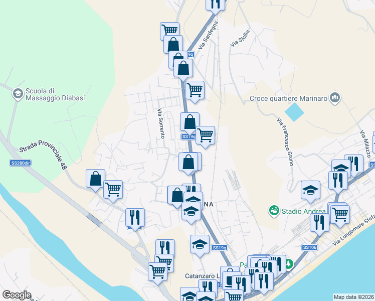 map of restaurants, bars, coffee shops, grocery stores, and more near 211 Viale Magna Grecia in Catanzaro