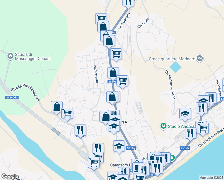map of restaurants, bars, coffee shops, grocery stores, and more near 211 Viale Magna Grecia in Catanzaro