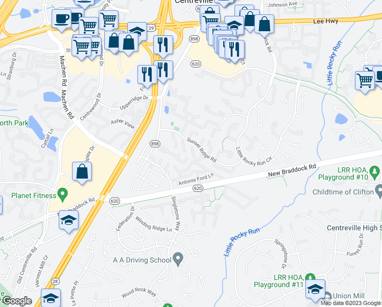 map of restaurants, bars, coffee shops, grocery stores, and more near 6070 Deer Hill Court in Centreville