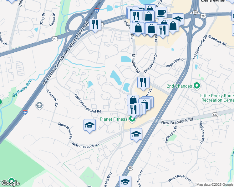 map of restaurants, bars, coffee shops, grocery stores, and more near 14383 Summer Tree Road in Centreville