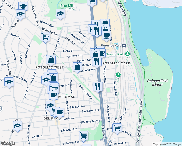 map of restaurants, bars, coffee shops, grocery stores, and more near 101 Independence Avenue Southeast in Washington
