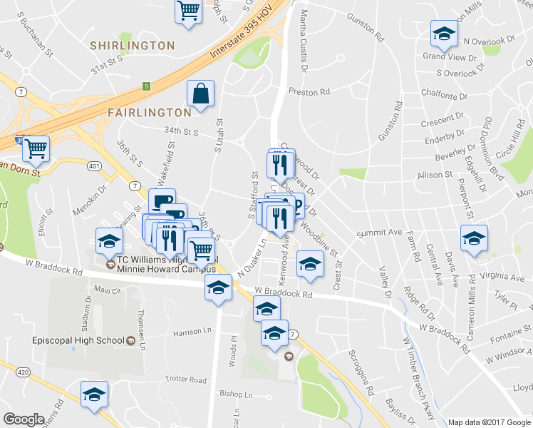 map of restaurants, bars, coffee shops, grocery stores, and more near 3519 South Stafford Street in Arlington