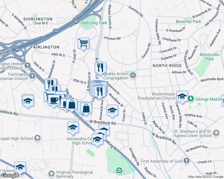 map of restaurants, bars, coffee shops, grocery stores, and more near 1602 Kenwood Avenue in Alexandria