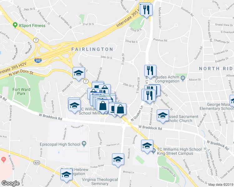 map of restaurants, bars, coffee shops, grocery stores, and more near 4341 36th Street South in Arlington