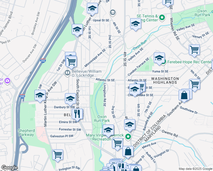 map of restaurants, bars, coffee shops, grocery stores, and more near 4000 Livingston Road Southeast in Washington