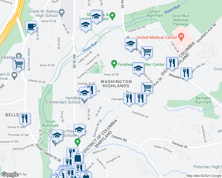 map of restaurants, bars, coffee shops, grocery stores, and more near 718 Brandywine Street Southeast in Washington