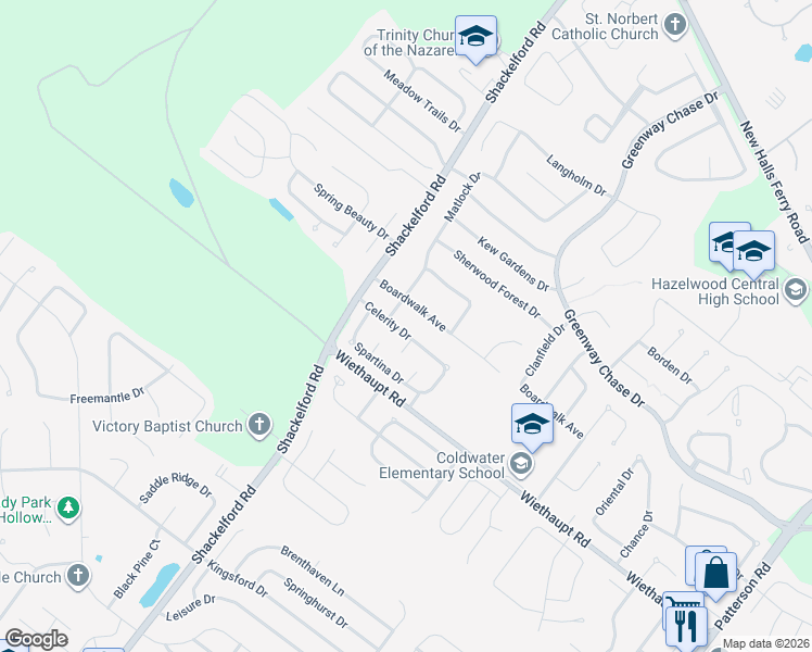 map of restaurants, bars, coffee shops, grocery stores, and more near 1679 Celerity Drive in Florissant