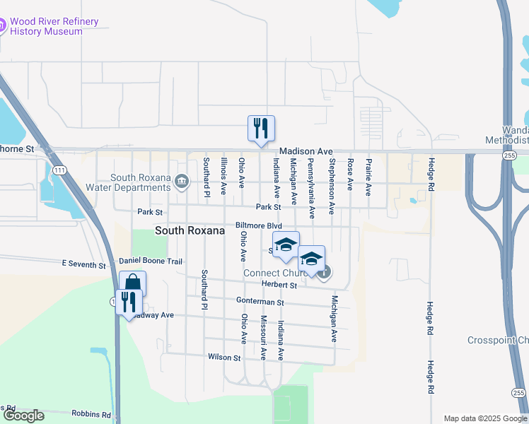 map of restaurants, bars, coffee shops, grocery stores, and more near 1014 Park Street in South Roxana