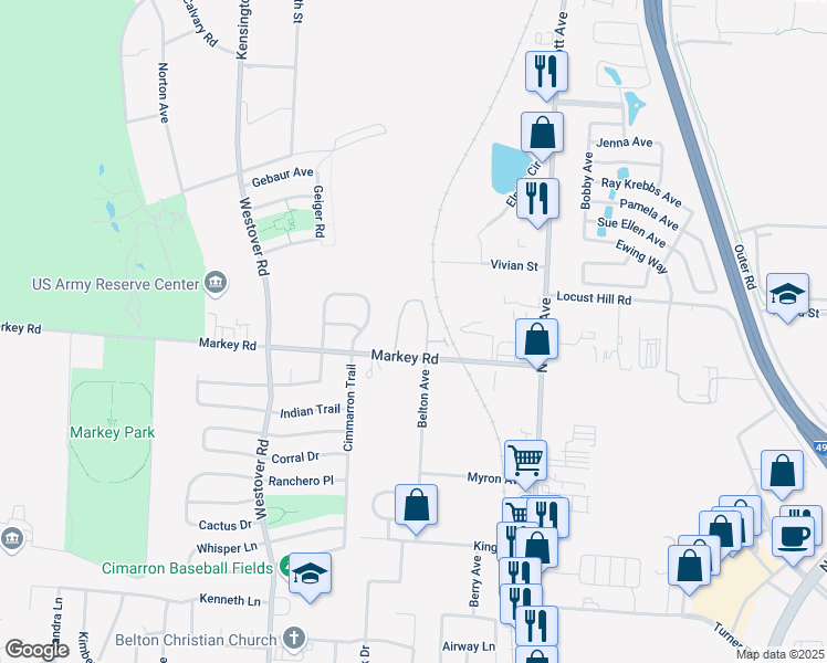 map of restaurants, bars, coffee shops, grocery stores, and more near 312 Markey Road in Belton