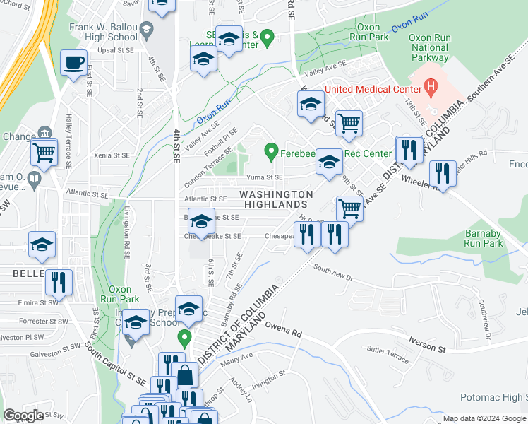 map of restaurants, bars, coffee shops, grocery stores, and more near 718 Brandywine Street Southeast in Washington