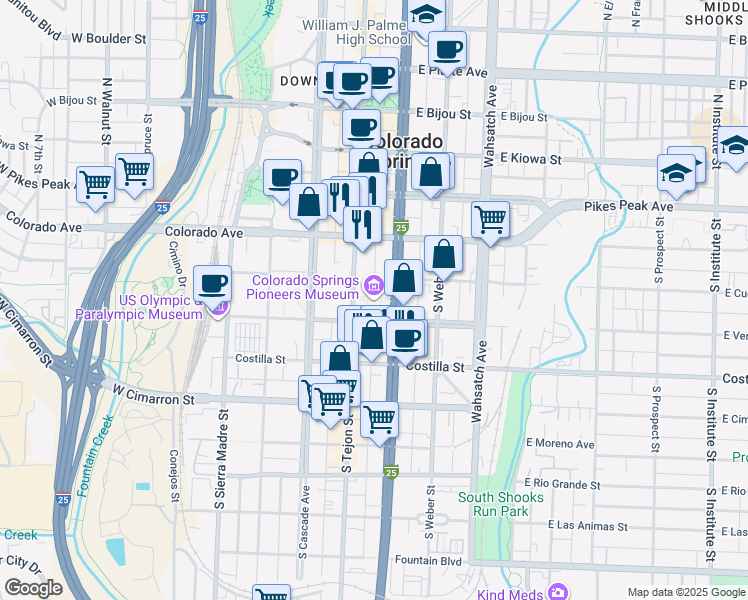map of restaurants, bars, coffee shops, grocery stores, and more near 215 South Tejon Street in Colorado Springs