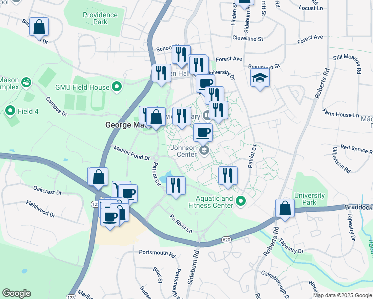 map of restaurants, bars, coffee shops, grocery stores, and more near 4502 Aquia River Lane in Fairfax