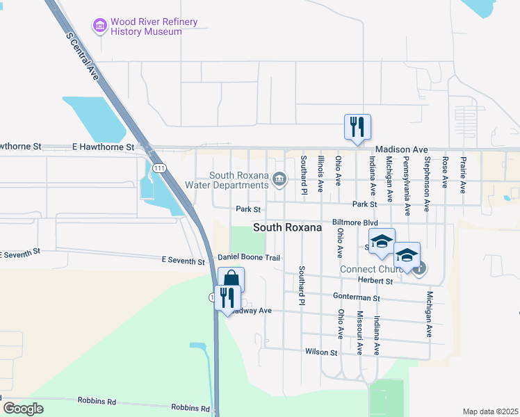 map of restaurants, bars, coffee shops, grocery stores, and more near 509 Park Street in South Roxana
