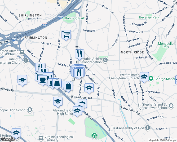 map of restaurants, bars, coffee shops, grocery stores, and more near 1602 Kenwood Avenue in Alexandria