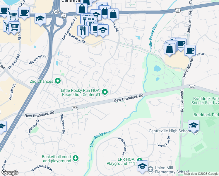 map of restaurants, bars, coffee shops, grocery stores, and more near 5932 Spruce Run Court in Centreville