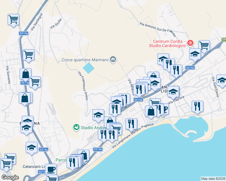 map of restaurants, bars, coffee shops, grocery stores, and more near 11 Via Guglielmo Papaleo in Catanzaro