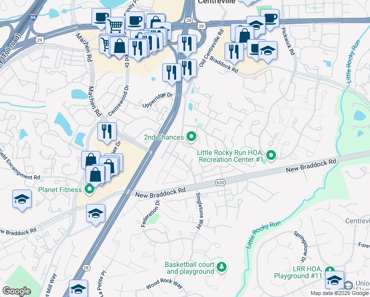 map of restaurants, bars, coffee shops, grocery stores, and more near 14011 Tanners House Way in Centreville