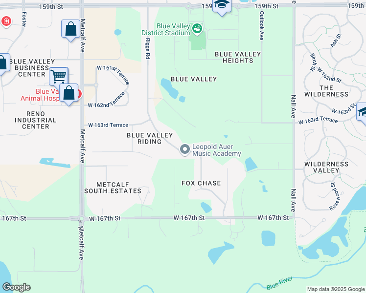map of restaurants, bars, coffee shops, grocery stores, and more near 16407 Riggs Road in Stilwell